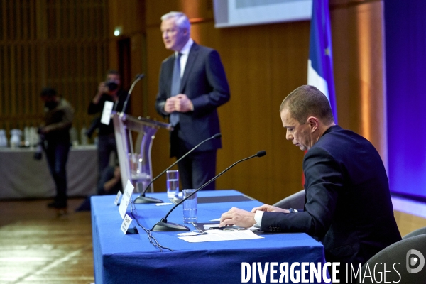 Bruno Le Maire , ministre de l économie, Olivier Dussopt Ministre chargé des Comptes publics, Presentation du Projet de loi de Finances PLF