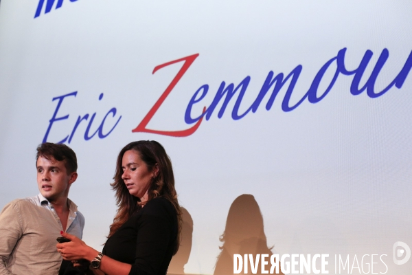 Nice le 18/09/2021 Eric Zemmour en visite à Nice et de ses lecteurs.  Stanislas Rigault 22 ans president de Generation Zemmour et Sarah Knafo 27 ans conseillere de Zemmour sur la scene du palais des Congres