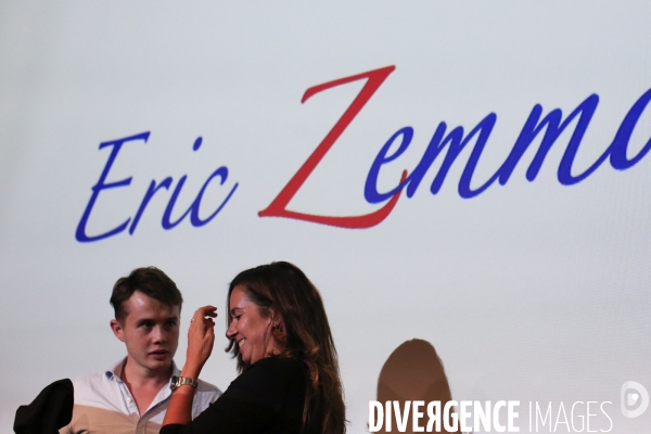 Nice le 18/09/2021 Eric Zemmour en visite à Nice et de ses lecteurs.  Stanislas Rigault 22 ans president de Generation Zemmour et Sarah Knafo 27 ans conseillere de Zemmour sur la scene du palais des Congres