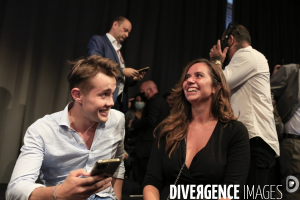 Nice le 18/09/2021 Eric Zemmour en visite à Nice et de ses lecteurs.  Stanislas Rigault 22 ans president de Generation Zemmour et Sarah Knafo 27 ans conseillere de Zemmour sur la scene du palais des Congres