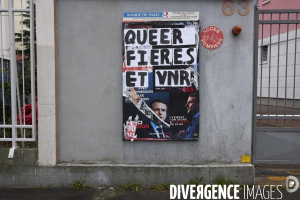 Affiches Macron dechirées et graffiti LGBT