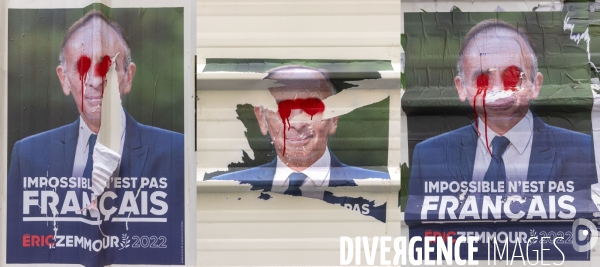 Affiche électorale  lacérée pour la présidentielle du candidat  Eric Zemmour