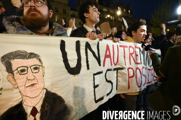 Soirée du 1er tour à l élection présidentielle 2022, avec les citoyens qui soutiennent Jean-Luc Mélenchon, candidat de la France Insoumise.