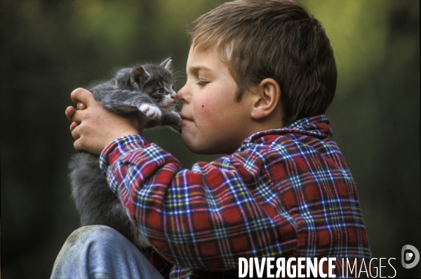 L enfant et les animaux : chat. Children and animals : cats.