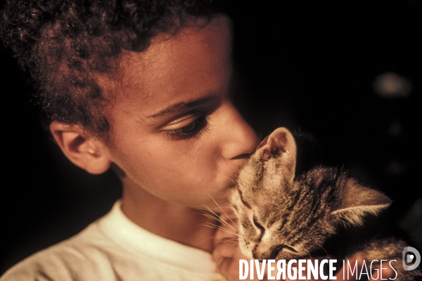 L enfant et les animaux : chat. Children and animals : cats.