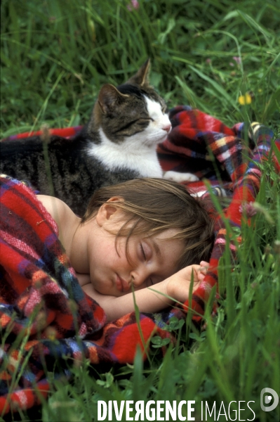 L enfant et les animaux : chat. Children and animals : cats.