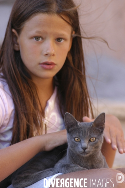 L enfant et les animaux : chat. Children and animals : cats.