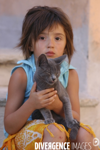 L enfant et les animaux : chat. Children and animals : cats.