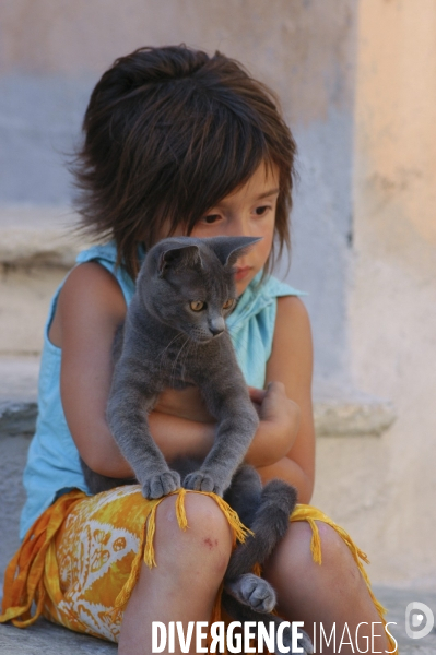 L enfant et les animaux : chat. Children and animals : cats.