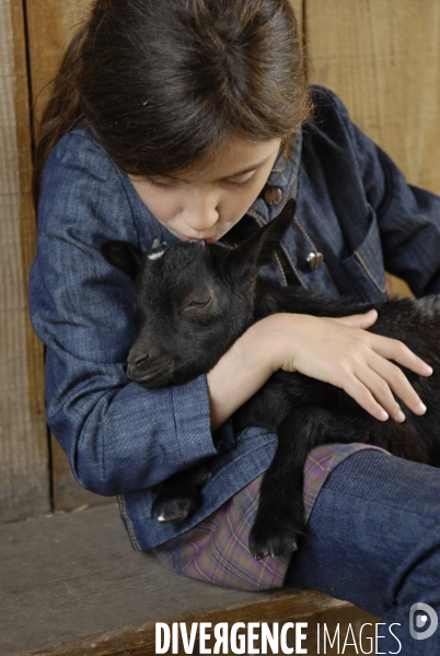 L enfant et les animaux de la ferme. The child and the farm animals.