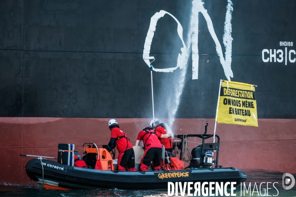 Action Greenpeace a Saint Nazaire pour lutter contre la déforestion.