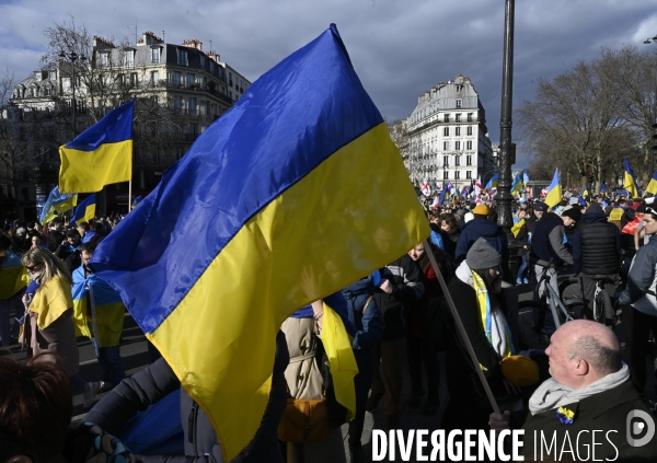 Guerre en UKRAINE. Manifestation pour l anniversaire de l invasion RUSSE en UKRAINE. Le 25.02.2023. Demonstration for the anniversary of the Russian invasion in Ukraine.