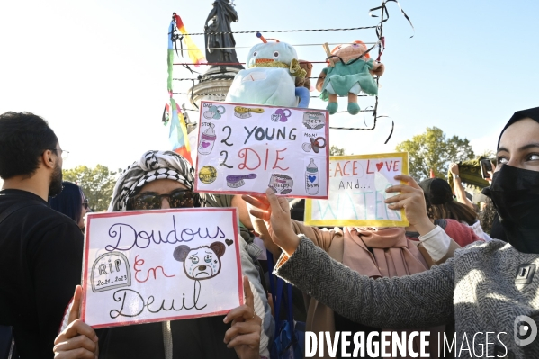 Conflit israélo-palestinien à Gaza. Hommage aux enfants lors du rassemblement à Paris en soutien au peuple palestinien.