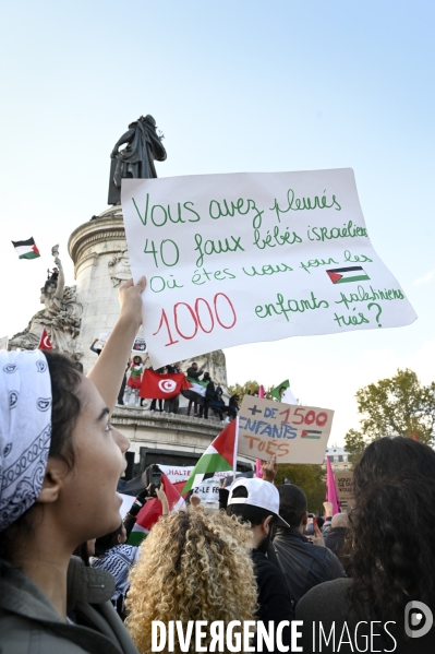Conflit israélo-palestinien à Gaza. Hommage aux enfants lors du rassemblement à Paris en soutien au peuple palestinien.