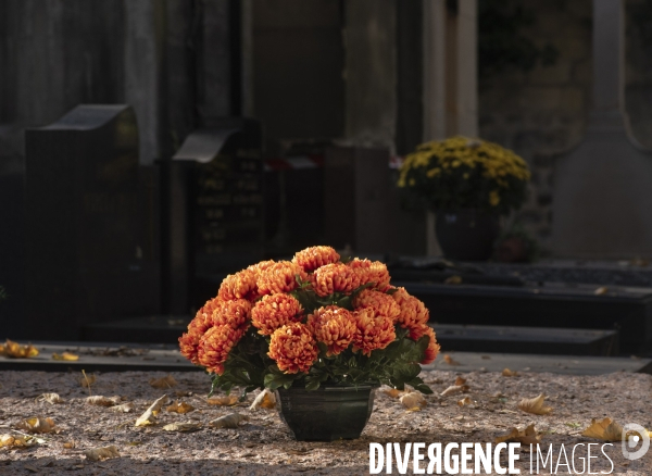 La Toussaint au cimetière du Père Lachaise. Fête des morts et fleurs de la Toussaint. All Saints  Day at the Père Lachaise cemetery.