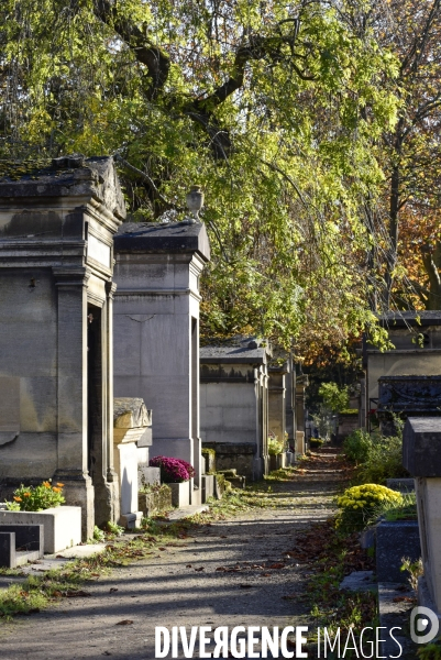 La Toussaint au cimetière du Père Lachaise. Fête des morts et fleurs de la Toussaint. All Saints  Day at the Père Lachaise cemetery.