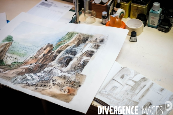 Portrait du dessinateur Francois Place (Placé) dans son atelier.