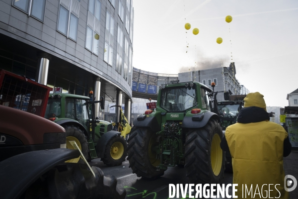 Manifestation des agriculteurs et agricultrices européen.ne.s devant le Parlement européen à Bruxelles.