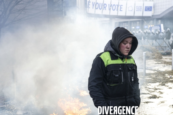 Manifestation des agriculteurs et agricultrices européen.ne.s devant le Parlement européen à Bruxelles.