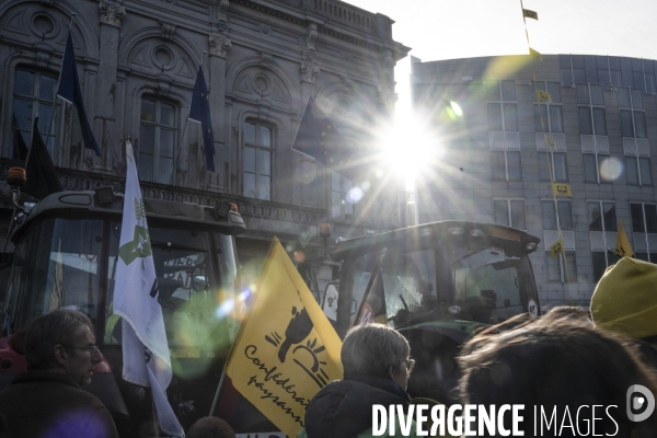 Manifestation des agriculteurs et agricultrices européen.ne.s devant le Parlement européen à Bruxelles.