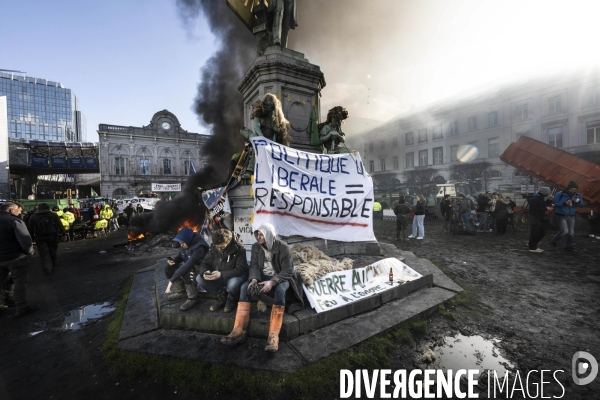 Manifestation des agriculteurs et agricultrices européen.ne.s devant le Parlement européen à Bruxelles.