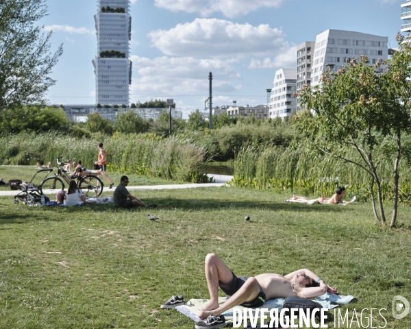 Parc Clichy - Batignolles Martin Luther-King, personnes se dorant au soleil de l’été