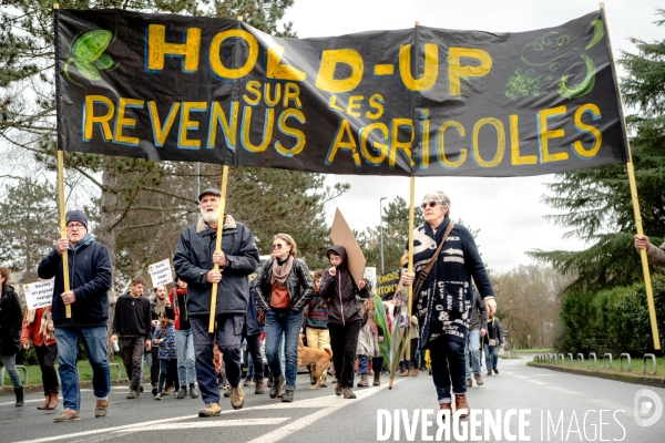 L amour au grand jour  :  manifestation de la Confédération Paysanne du Maine-et-Loire à Angers pour dénoncer les liens entre la FNSEA, le ministère de l agriculture et la finance.