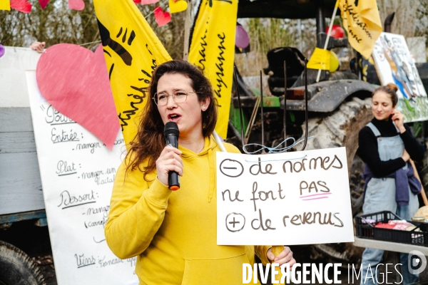 L amour au grand jour  :  manifestation de la Confédération Paysanne du Maine-et-Loire à Angers pour dénoncer les liens entre la FNSEA, le ministère de l agriculture et la finance.