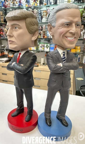 Figurines politiques dans une vitrine de new york