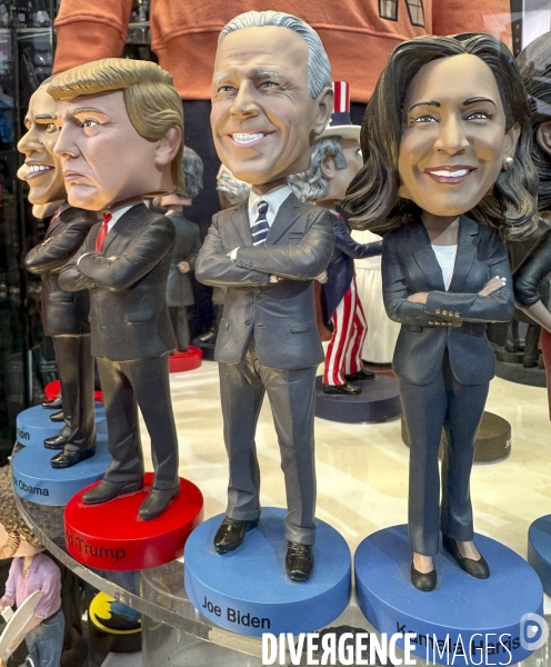 Figurines politiques dans une vitrine de new york