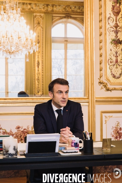 Paris, France. 16 février 2024. Entretien avec Emmanuel Macron, président de la République.