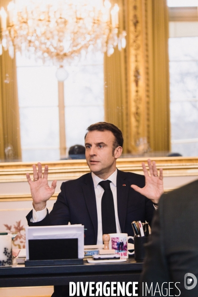 Paris, France. 16 février 2024. Entretien avec Emmanuel Macron, président de la République.