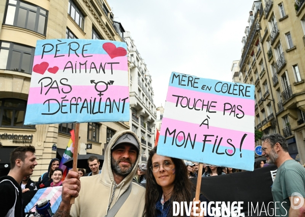 Manifestation contre la transphobie et le projet de loi LR sur la transidentité des mineurs, le 27 mai à Paris.