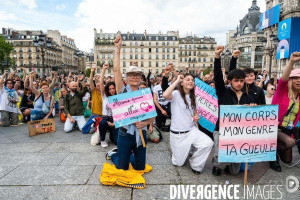 Manifestation contre la transphobie et le projet de loi LR sur la transidentité des mineurs, le 27 mai à Paris.
