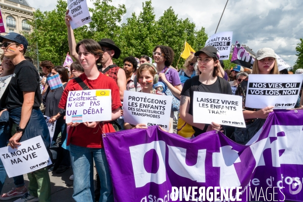 Manifestation contre la transphobie et le projet de loi LR sur la transidentité des mineurs, le 27 mai à Paris.