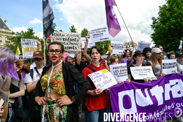 Manifestation contre la transphobie et le projet de loi LR sur la transidentité des mineurs, le 27 mai à Paris.