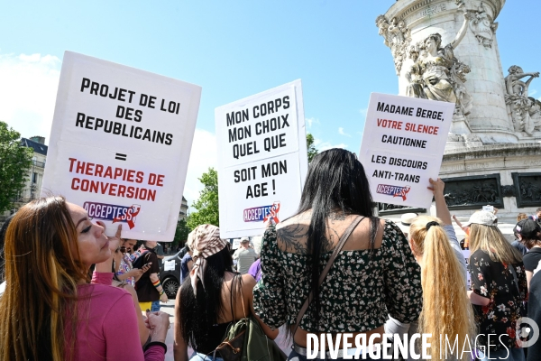 Manifestation contre la transphobie et le projet de loi LR sur la transidentité des mineurs, le 27 mai à Paris.