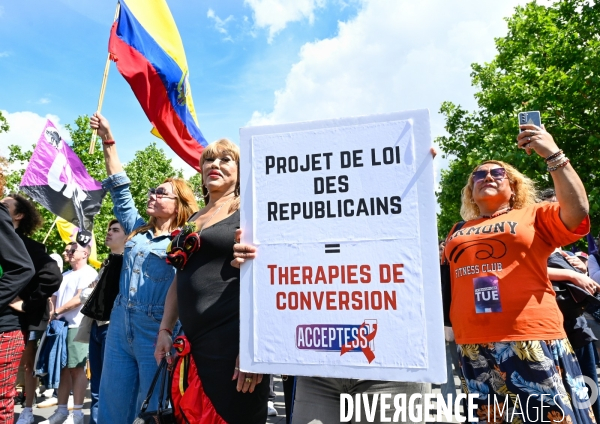 Manifestation contre la transphobie et le projet de loi LR sur la transidentité des mineurs, le 27 mai à Paris.