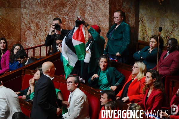 La députée LFI Rachel Kéké brandit un drapeau palestinien dans hemicycle de l’Assemblée Nationale