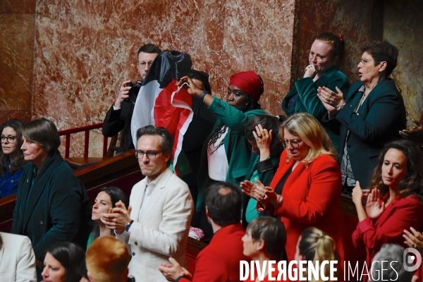 La députée LFI Rachel Kéké brandit un drapeau palestinien dans hemicycle de l’Assemblée Nationale