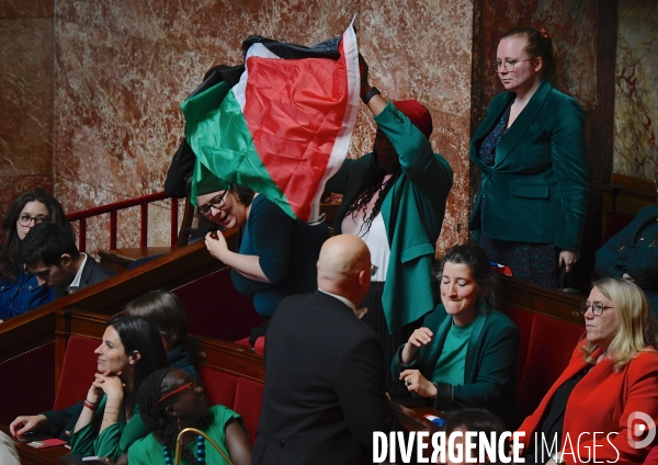 La députée LFI Rachel Kéké brandit un drapeau palestinien dans hemicycle de l’Assemblée Nationale