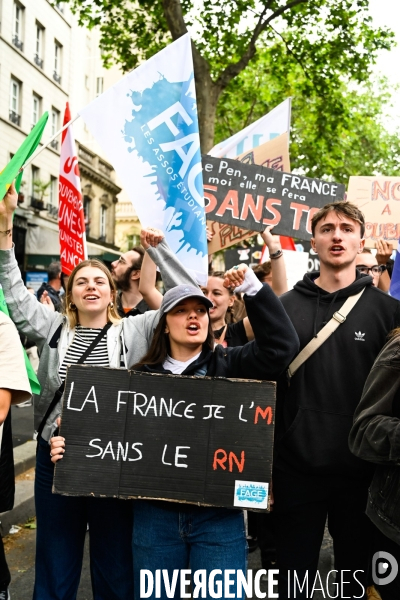 Les jeunes à la manifestation contre l extreme droite, à la suite des élections européennes. Paris le 15 juin 2024.