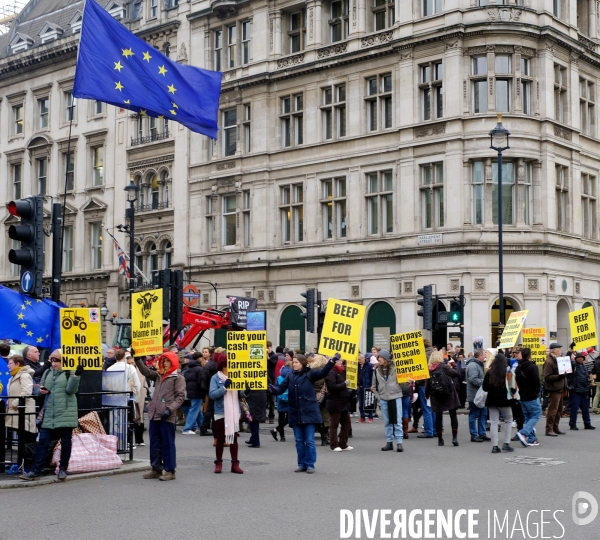 Manifestation des agriculteurs en tracteurs devant le 10 Downing street et le ministère des finances