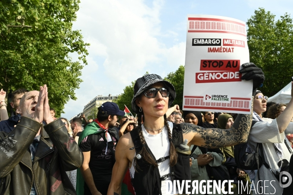 Rassemblement soutien Palestine, place de la République. Manifestants déscendus de force de la statue par des policiers grimpeurs.
