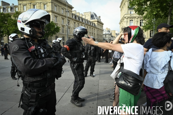 Rassemblement soutien Palestine, place de la République. Manifestants déscendus de force de la statue par des policiers grimpeurs.