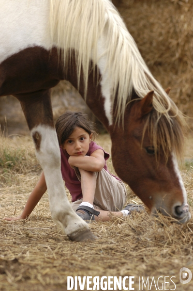 L enfant et les animaux : avec chevaux et poney. Children and animals : with horse and pony.