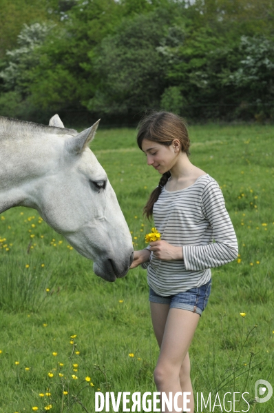 L enfant et les animaux : avec chevaux et poney. Children and animals : with horse and pony.
