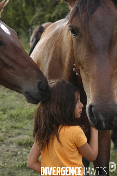 L enfant et les animaux : avec chevaux et poney. Children and animals : with horse and pony.