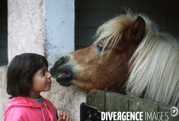 L enfant et les animaux : avec chevaux et poney. Children and animals : with horse and pony.