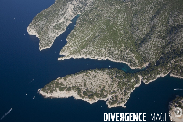 Vue aérienne du Parc National des Calanques, entre Marseille, Cassis et La Ciotat